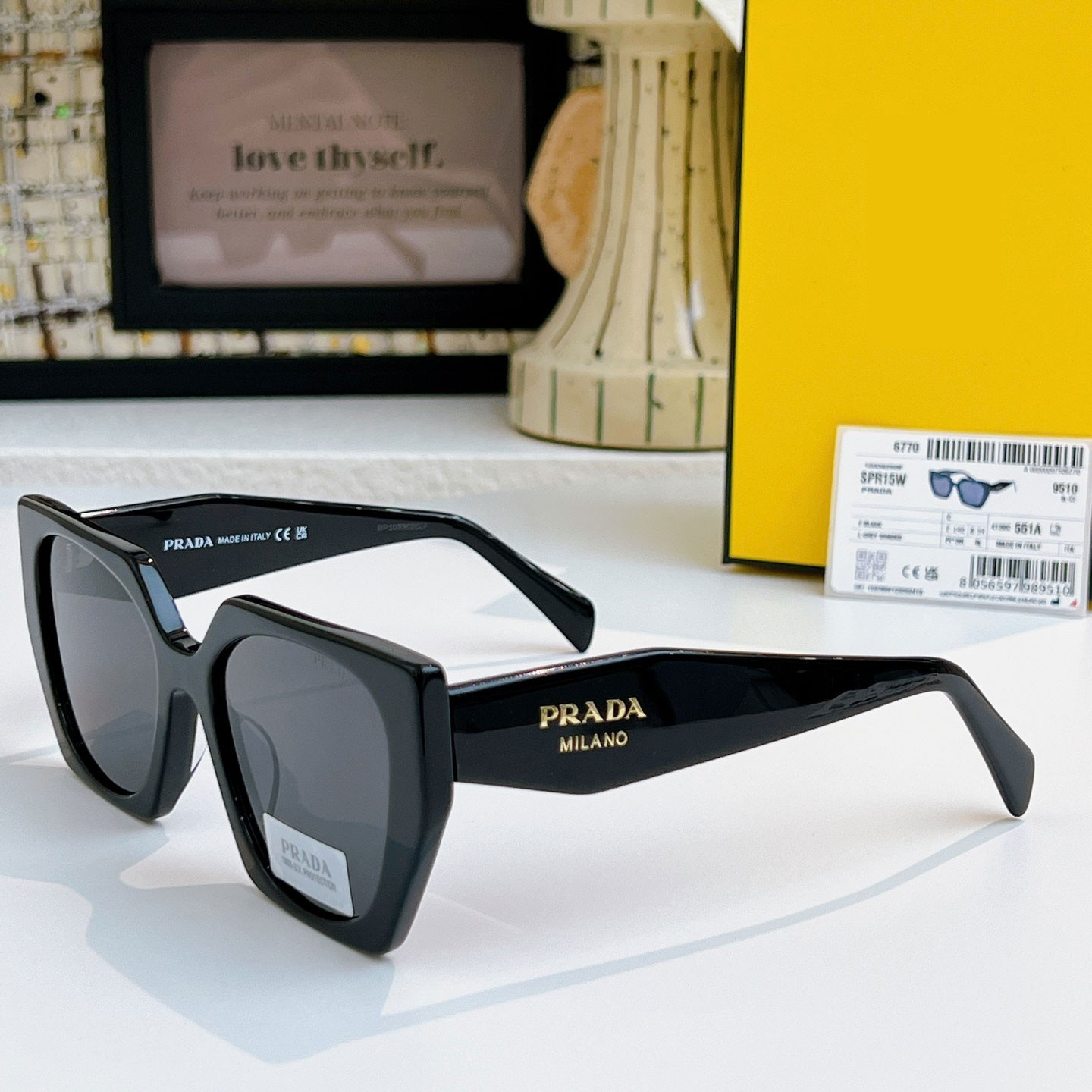 Prada PR 15WS Sunglasses Authentic Women Black Green Square UV400 Shades w/ Box