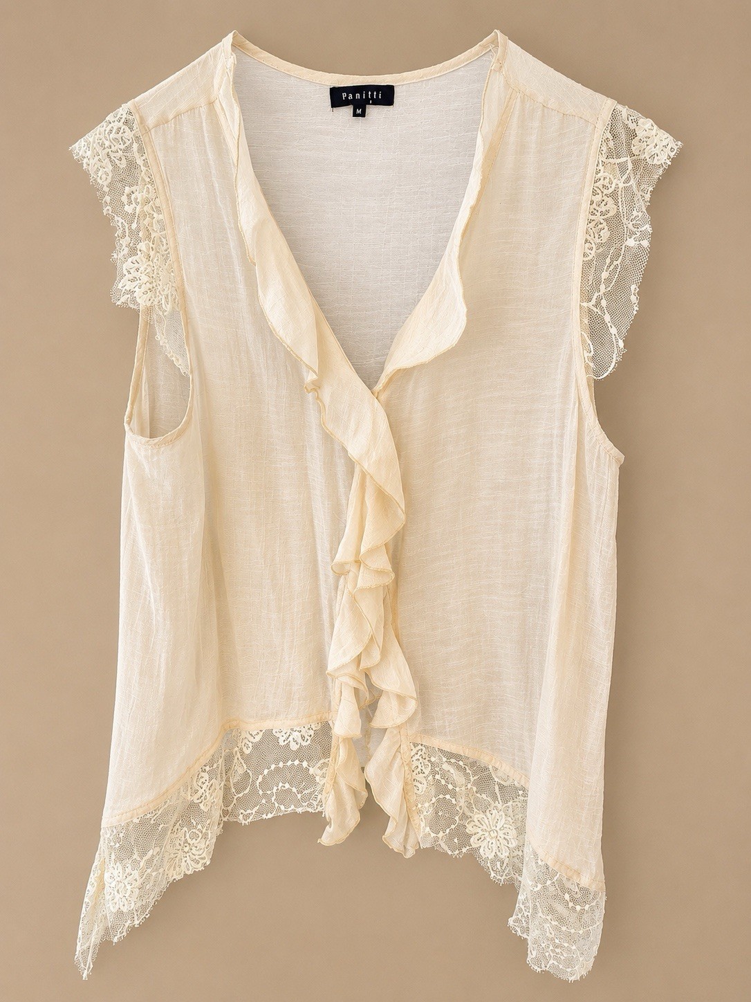 Panitii M Ivory Lace Ruffle Sleeveless Tunic Blouse Boho Hi Low Top 65% Cotton