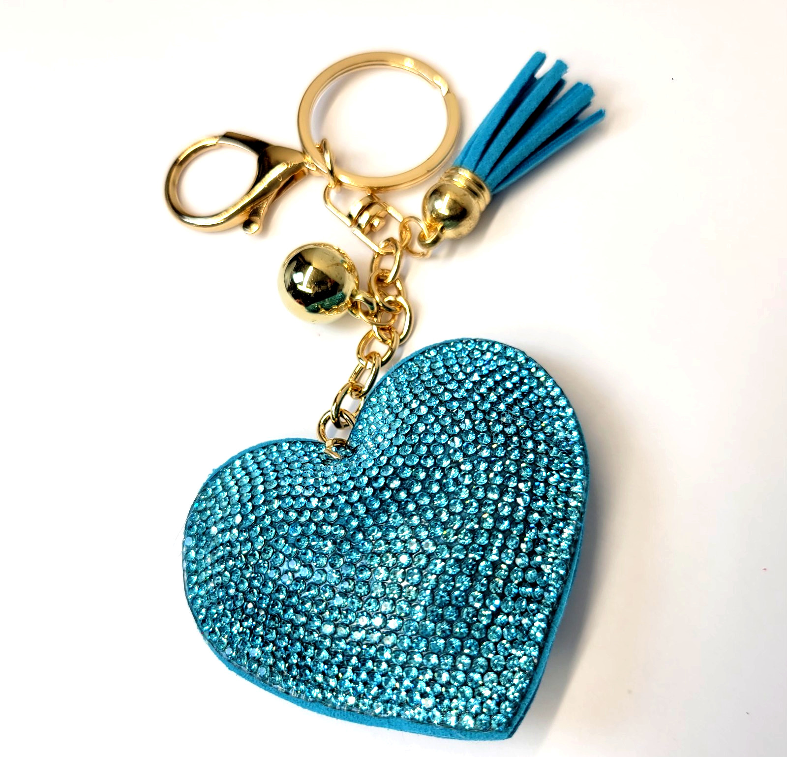 Heart Rhinestone Bling Bag Charm Keychain Tassel Blue Sparkle NEW