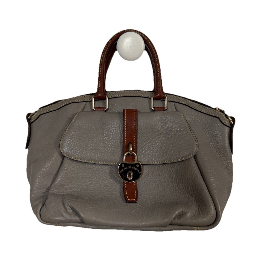 Women’s Gray Pebbled Satchel Top Handle Bag Brown Strap Buckle Silver Hardware