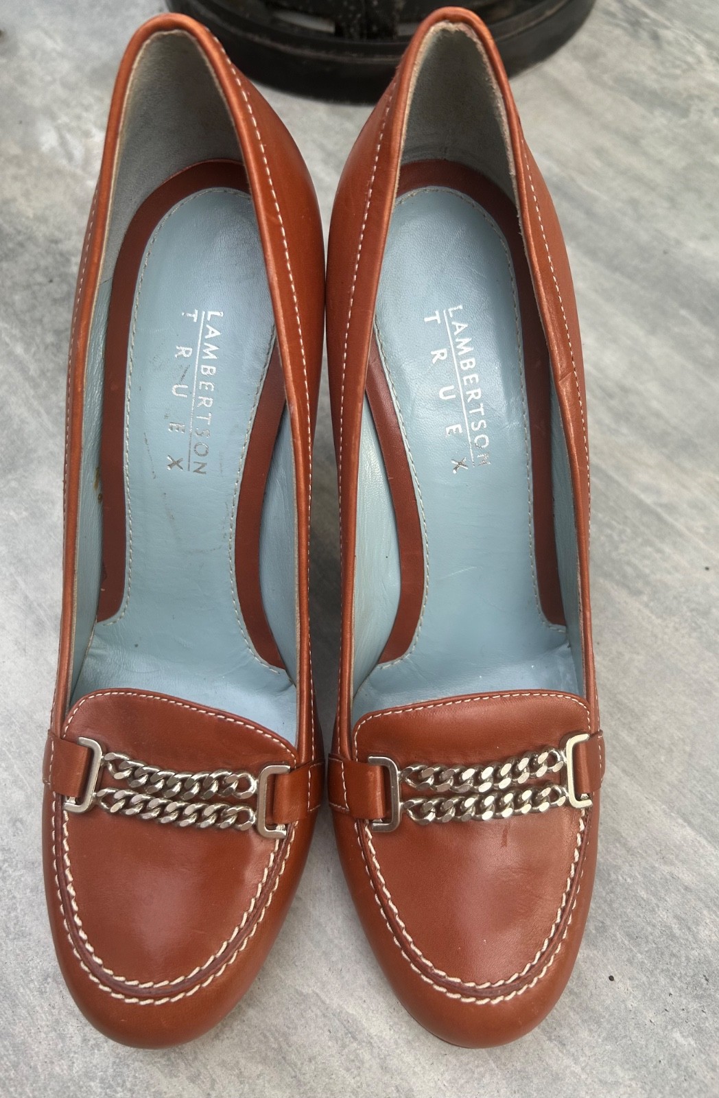 Lambertson Truex Brown Leather Heels, Italy, 37.5 ~7.5 M ~Tiffany Co Blue inside