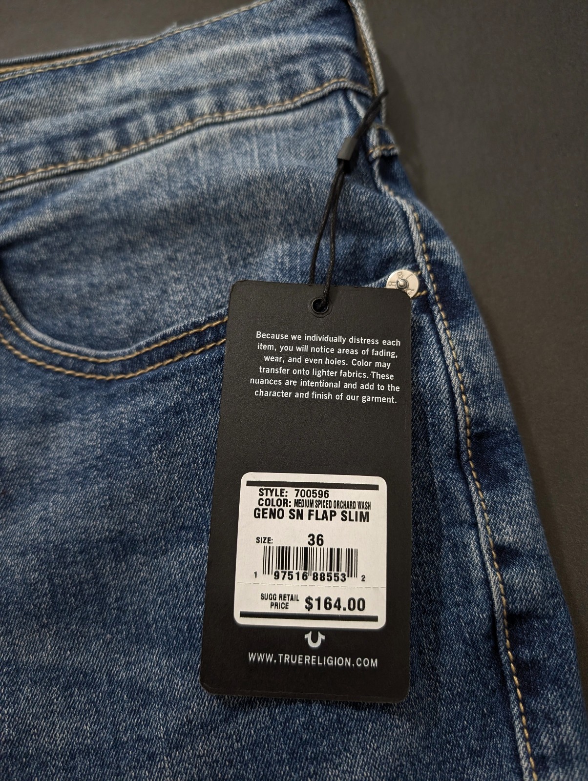 $164 True Religion Men`s Geno Flap Relaxed Slim Straight Denim Jeans Size 36×32