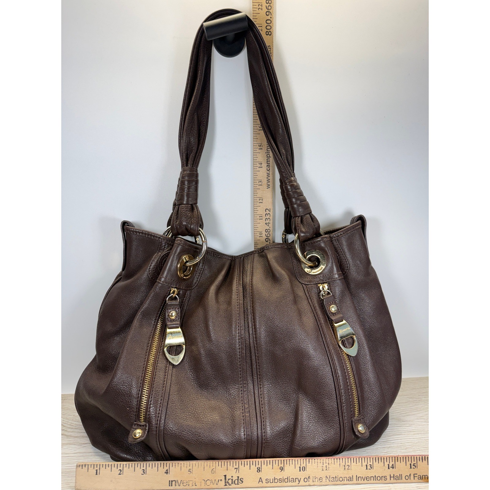 B Makowsky Women Large Shoulder Bag Brown Pebbled Leather Gold Leopard Hobo Boho