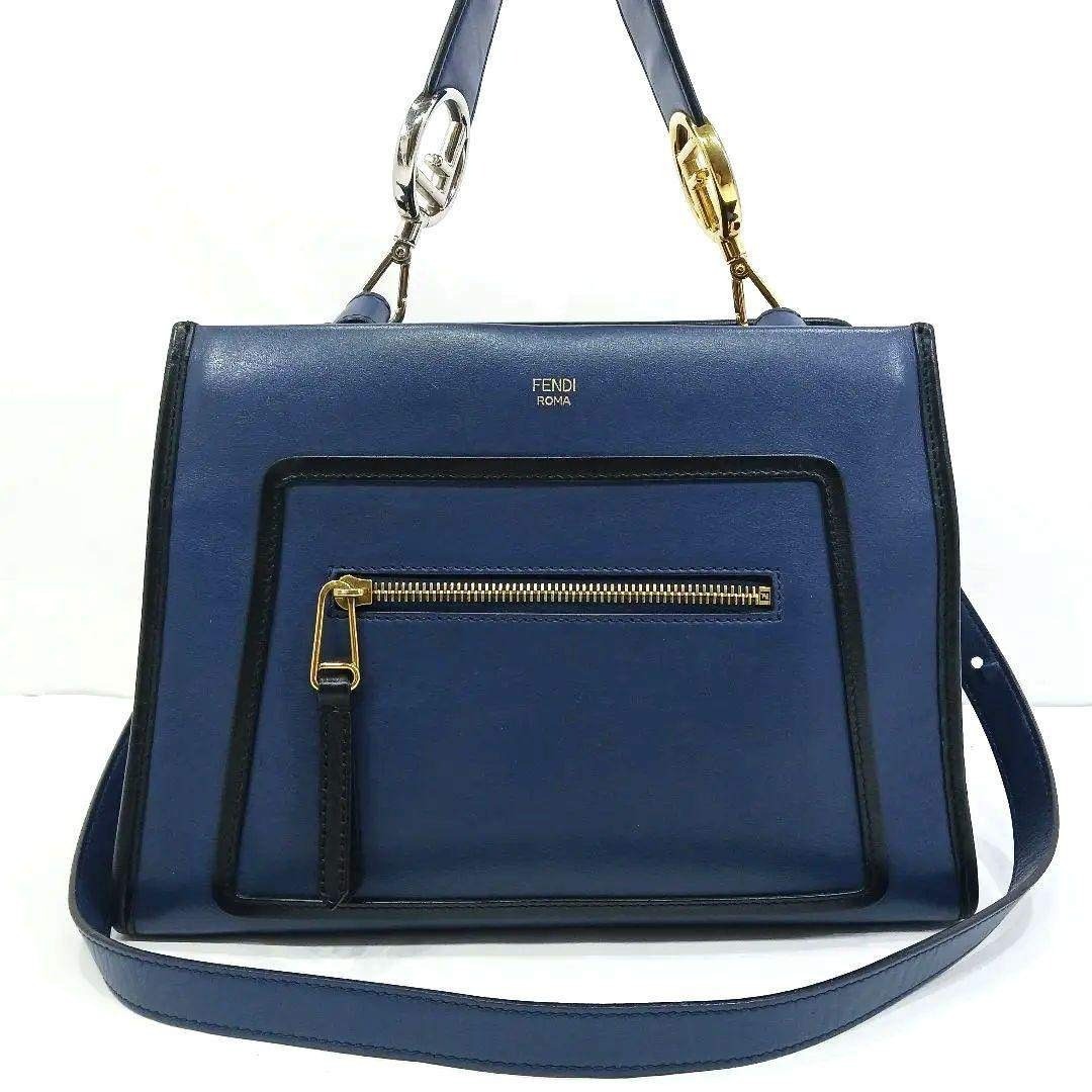 FENDI Runaway Handbag 2way Shoulder Leather Navy Blue 8BH344 Size:W:11×H:7.9 in.