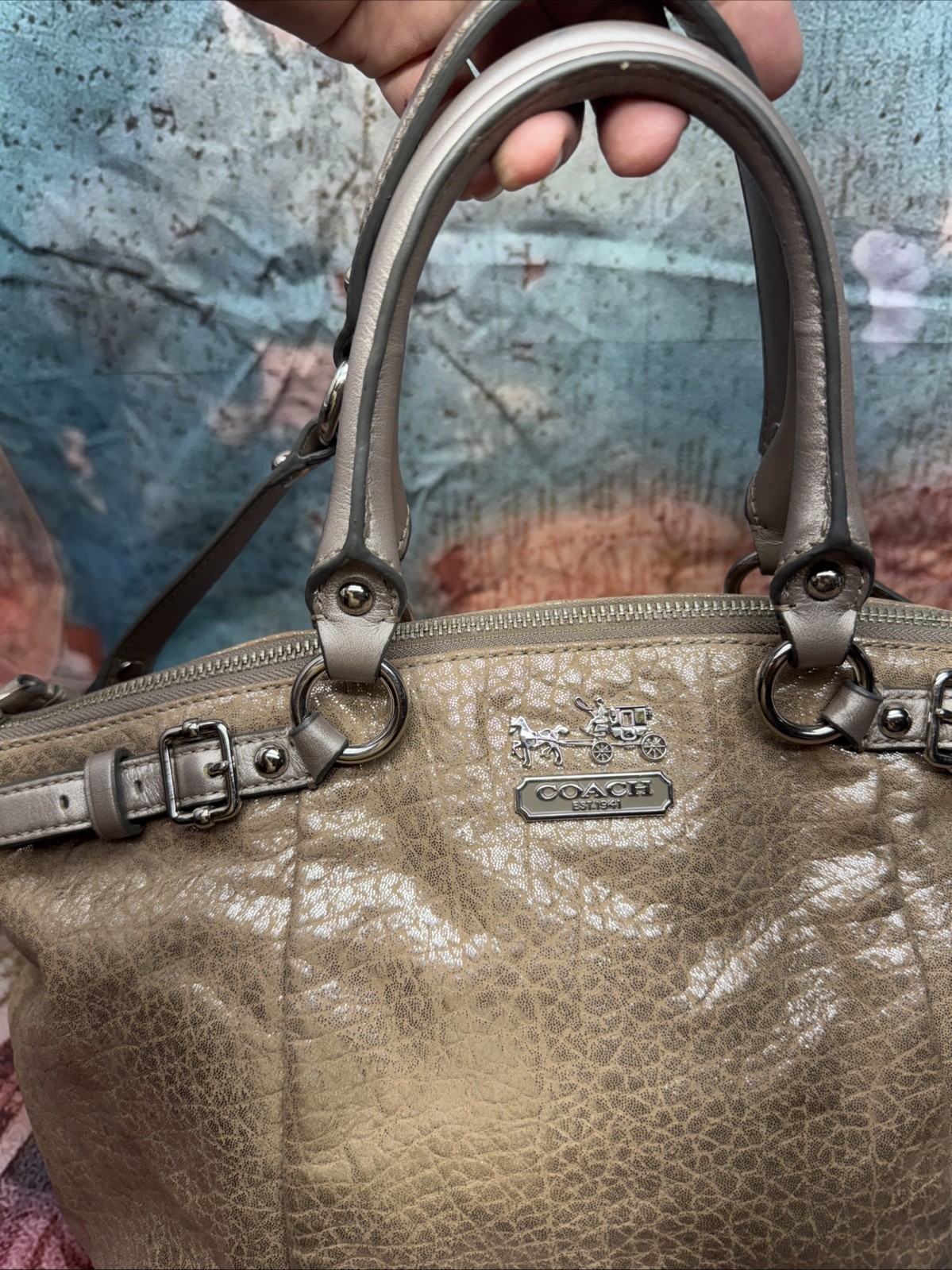 Coach 18931 Madison Sophia Gold Beige Embossed Metallic Leather Satchel Bag