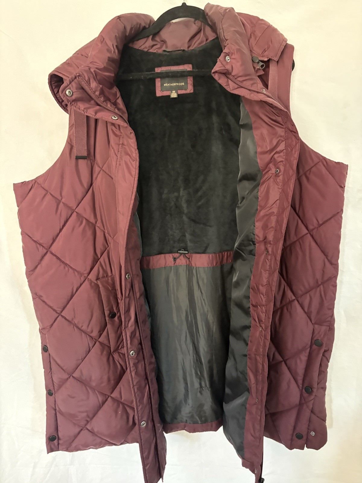 Weatherproof warm 3X Burgundy Quilted Hooded Lined Vest Zip snap side vents