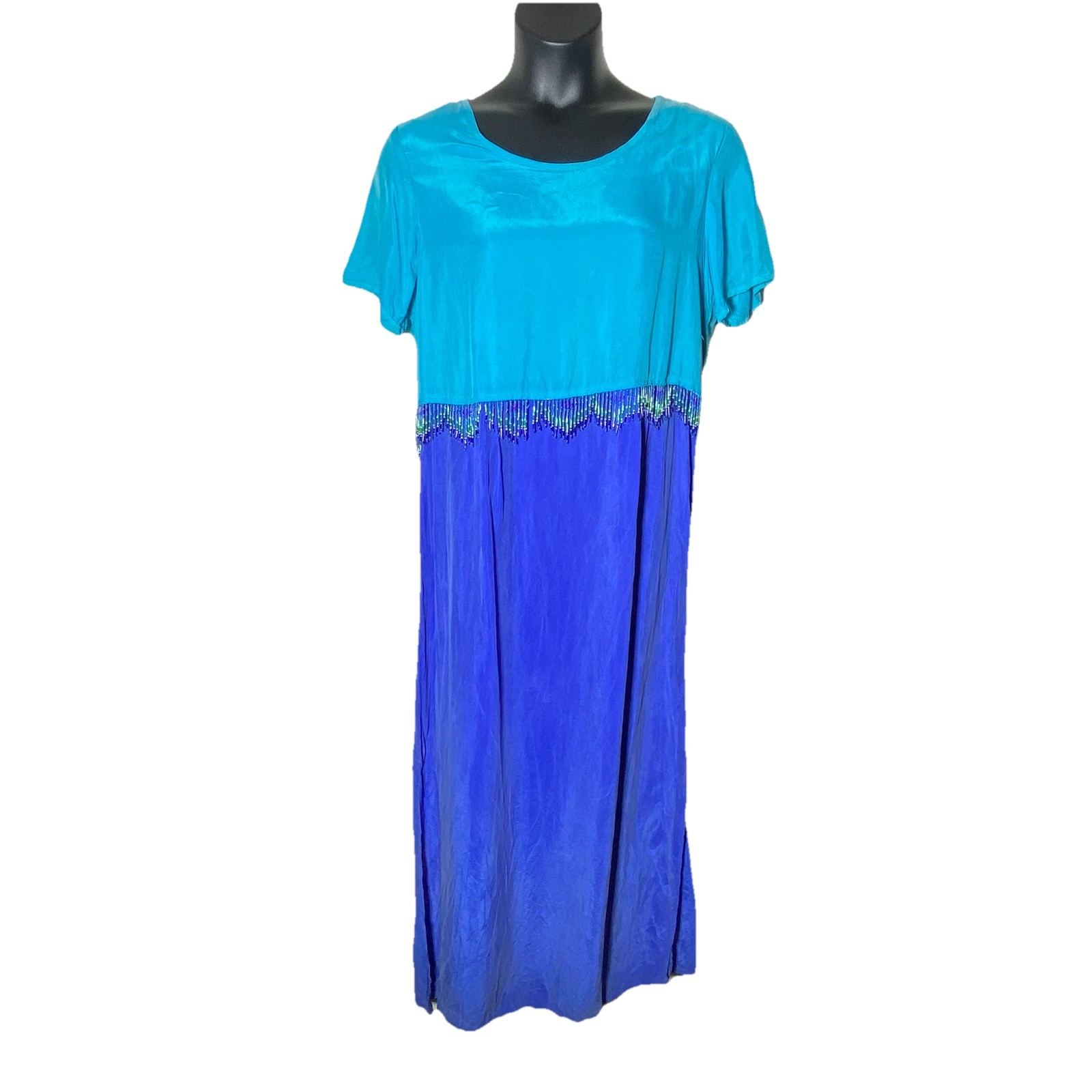 Earth Song Teal Blue Size 14 Beaded Waist Trim Maxi Dress 90s 80s 100% Bemberg