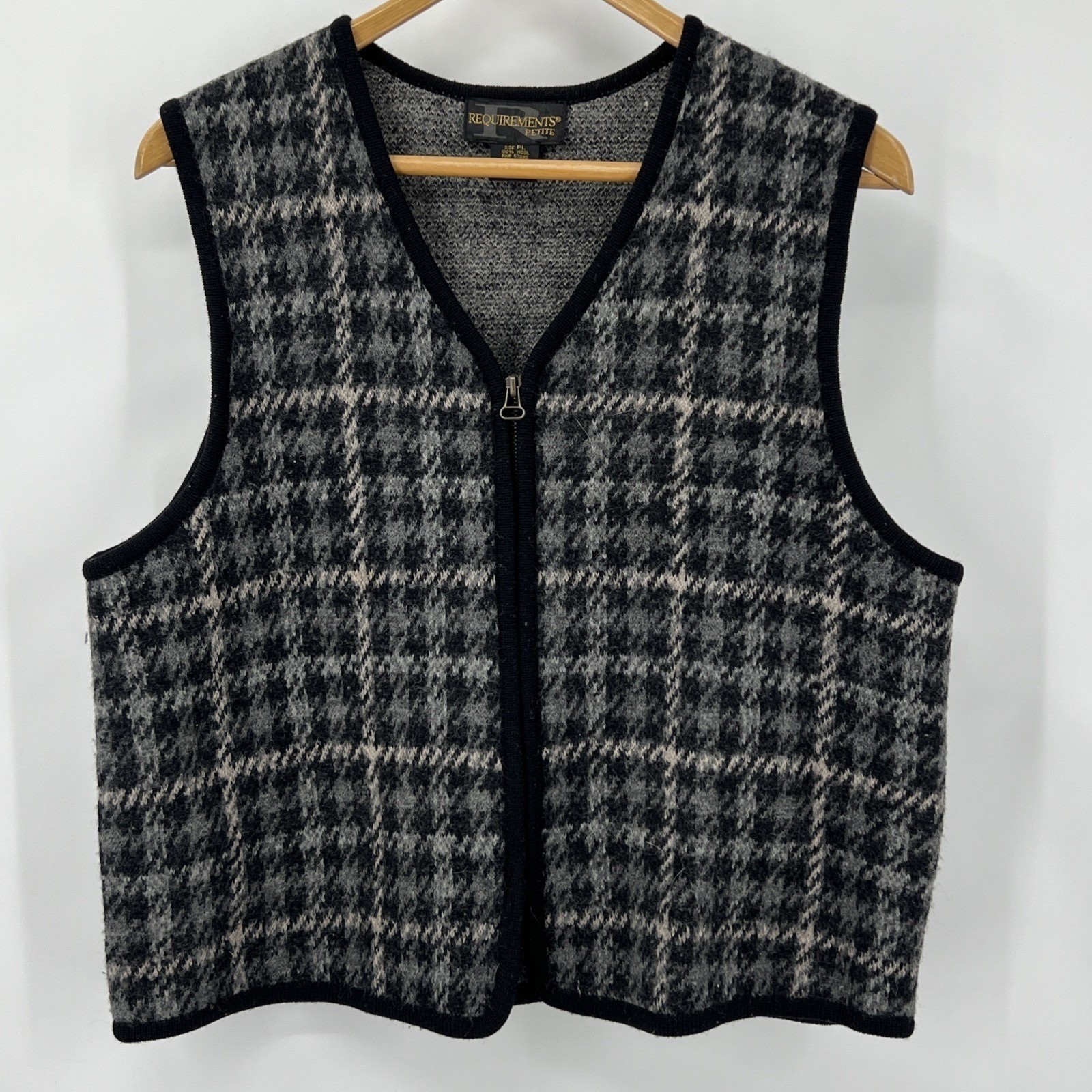 Vintage 100% Wool Houndstooth Zip Vest Petite PL Grannycore