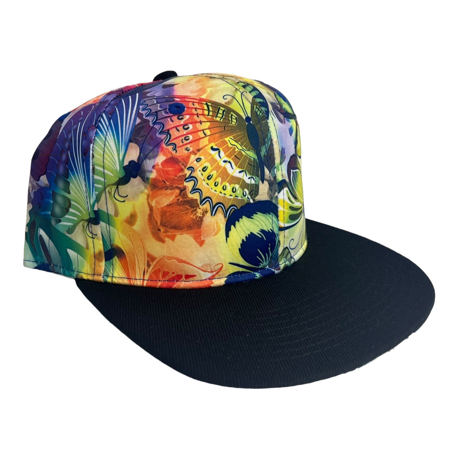 NEW FLORAL FLOWERS BUTTERFLY BLUE YELLOW ALL OVER SNAPBACK HAT ADULT SZ UNISEX