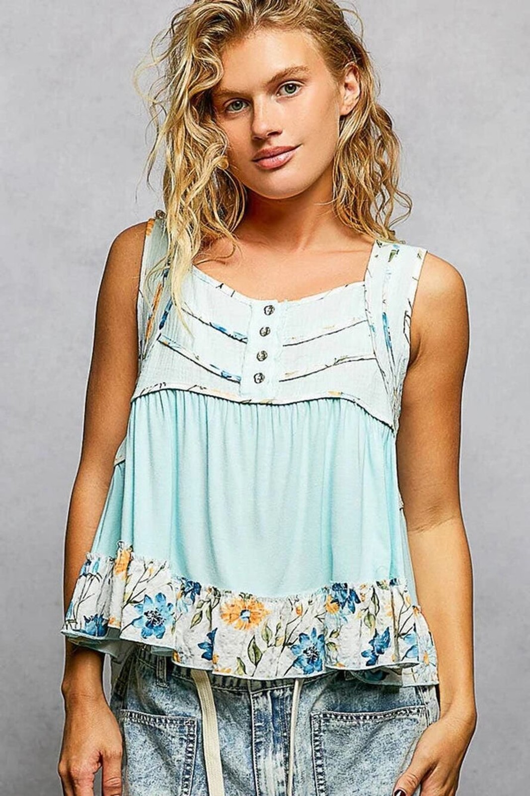 POL Square Neck Jersey Floral Trim Boho Tank Top – Pale Sky