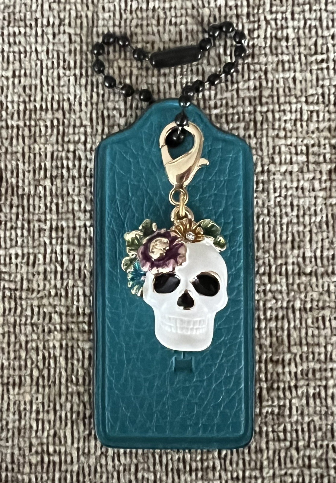 Genuine Coach 2.25” Teal Leather Bag Tote Hang Tag Fob Sugar Skull Charm New