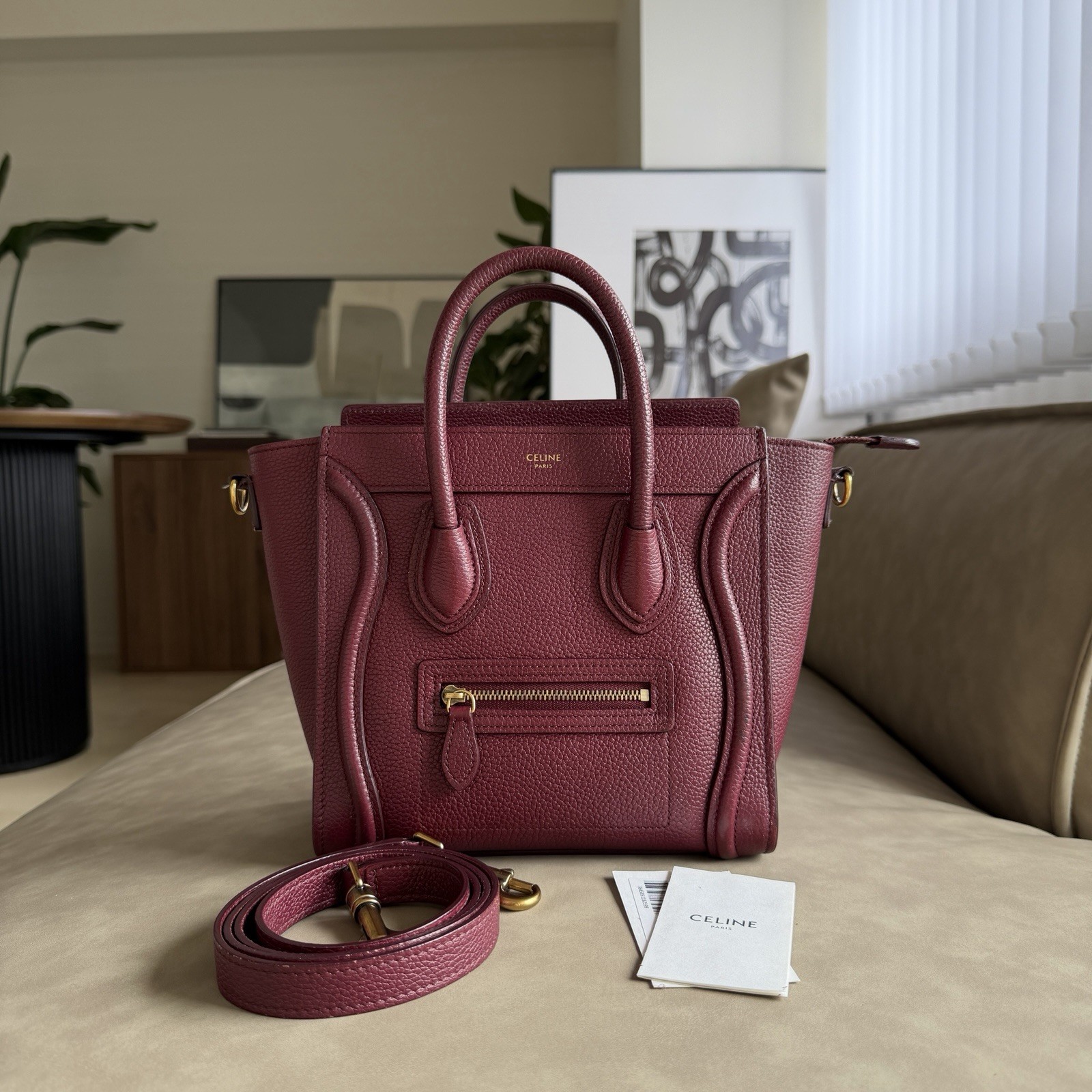 CELINE Luggage Nano Shopper Drummed Calfskin Leather Bordeaux Shoulder Bag 2WAY