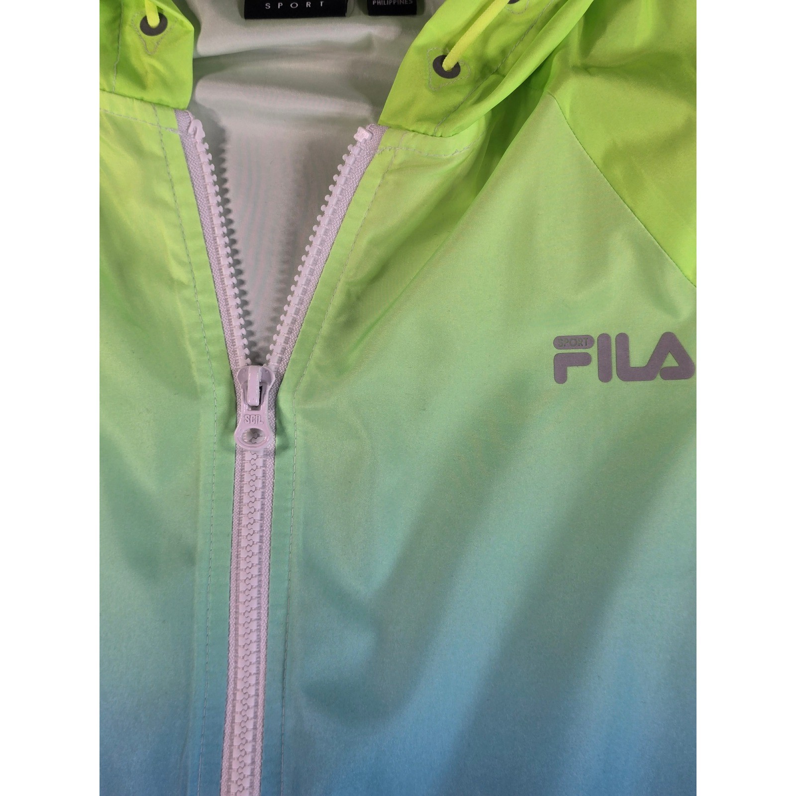 Fila Sport Womens Windbreaker Hooded Jacket Neon Green Blue Ombre Large L