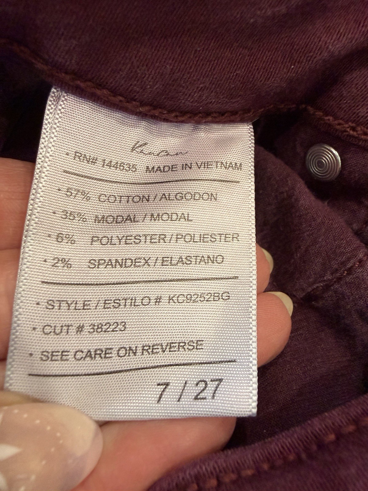 Kancan Womens Size 7/27 Burgundy Skinny Jeans High Rise Button Fly Stretch