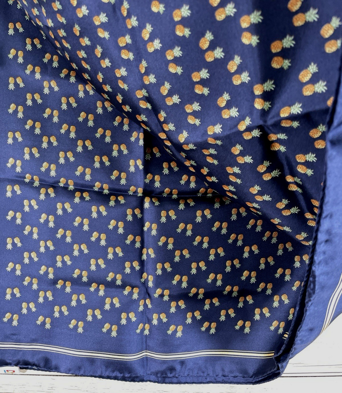 Vtg Dole Pineapple Silk Scarf Navy Blue Tropical Pineapples Square 34×35″ Italy
