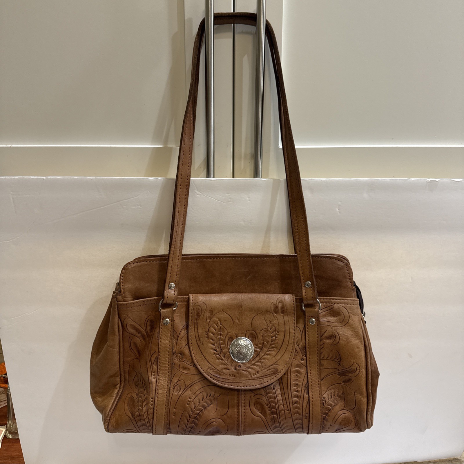 Grants Natural Tooled Leather Western Purse Satchel Made In Paraguay