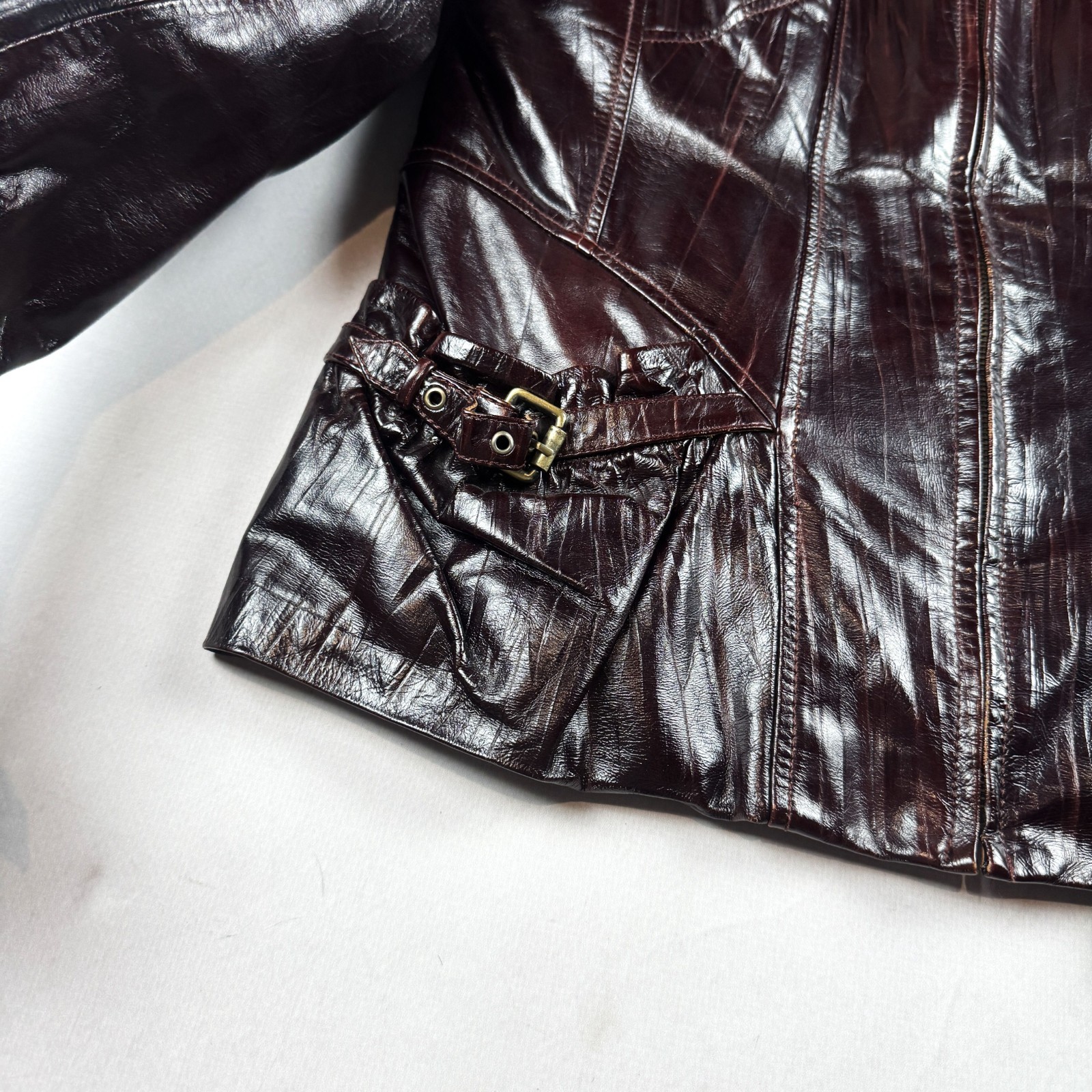 Womens Vintage Brown Leather Jacket Fur Collar Buckle Pocket Biker Moto Style