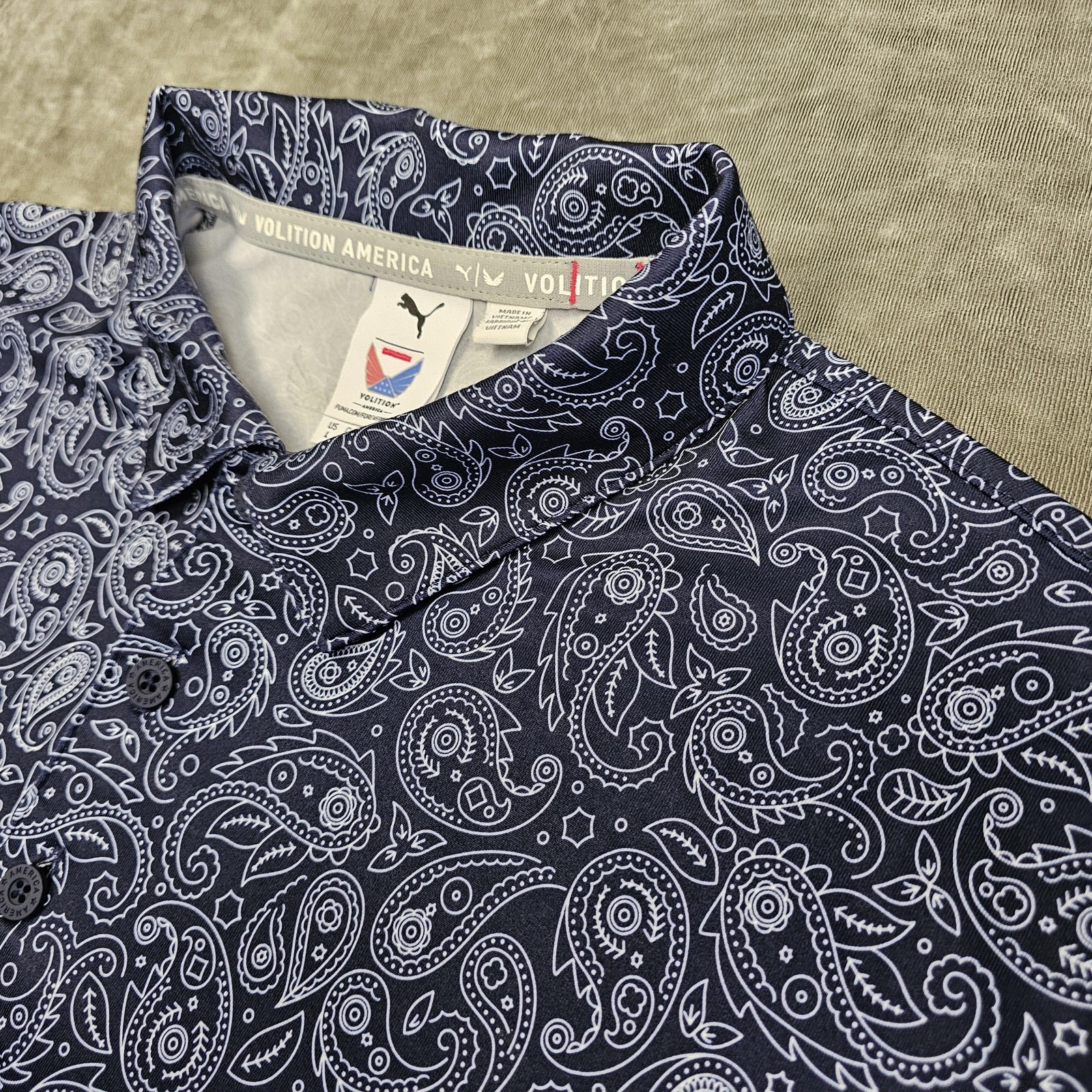Puma Volition America Polo Shirt Mens Large Blue Paisley Golf Performance