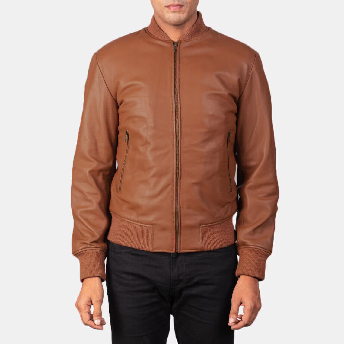 Men’s Tan Brown Bomber Real Lambskin Nappa Leather Jacket Slim Fit Casual – 049