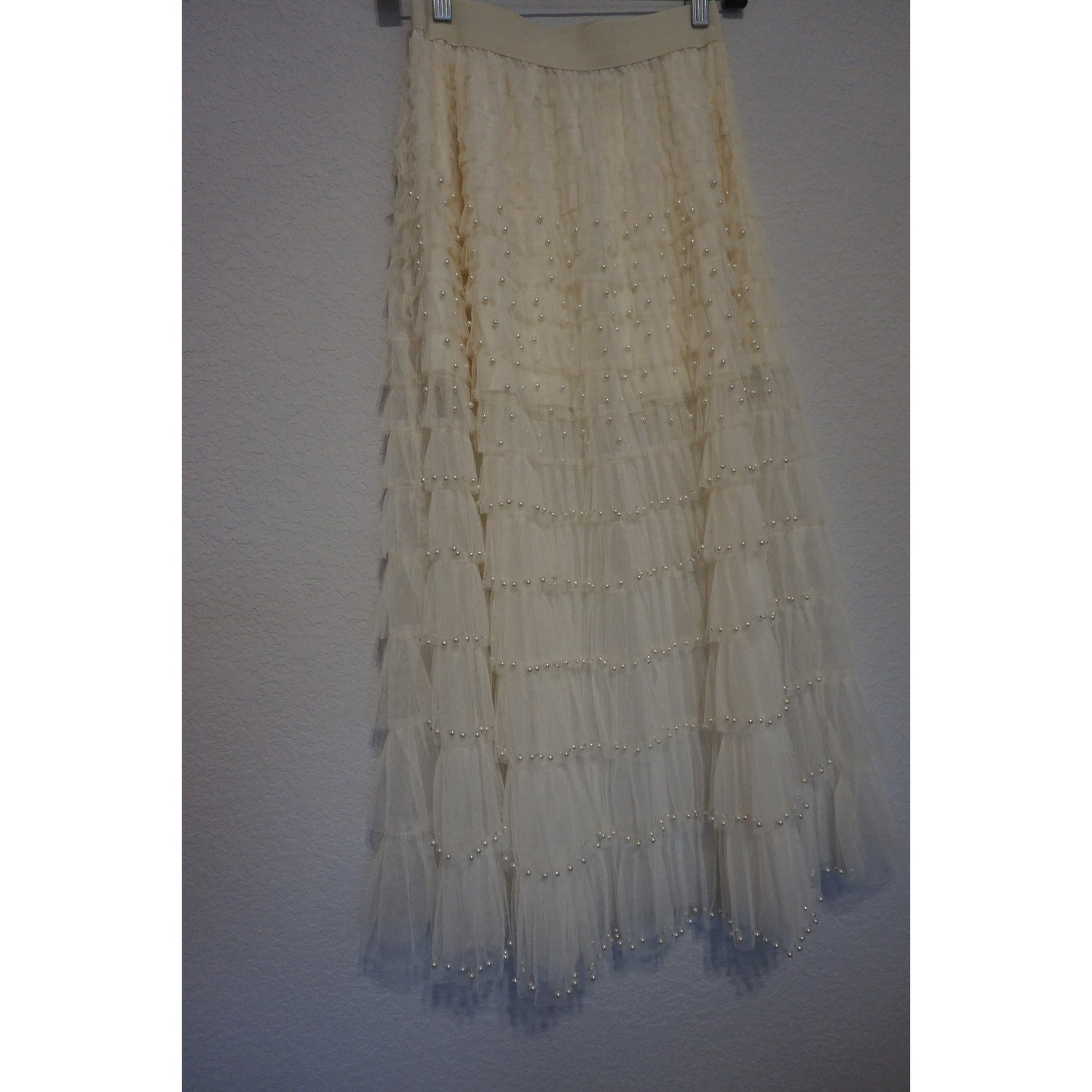 POL Cream Tulle Tiered Skirt Pearl Accents FWS6 Womens Size S/M Boho Romantic