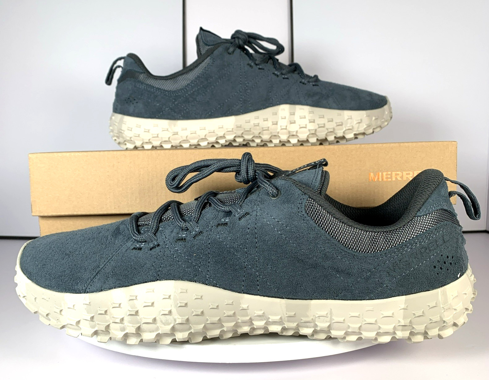 Merrell Mens Wrapt Slate Blue Gray Barefoot Minimalist Suede Sneaker Shoes, 13
