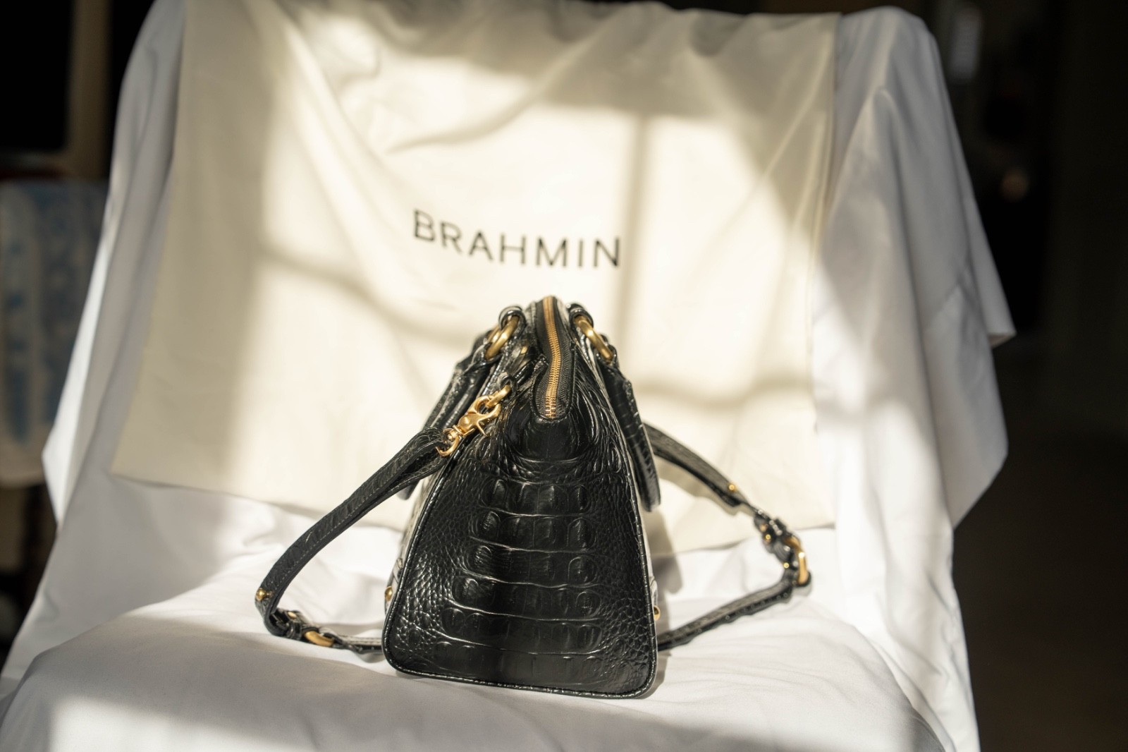Brahmin Duxbury Satchel Black Melbourne Medium Croc Embossed Leather HandBag