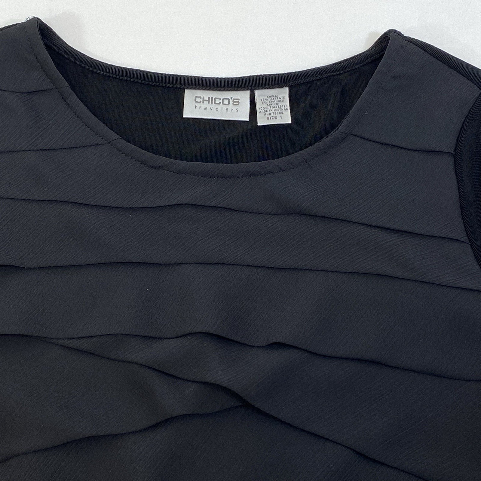 Chicos Travelers Size 1 Top Black Chiffon Layer Ruffle Front Scoop Neck Women M