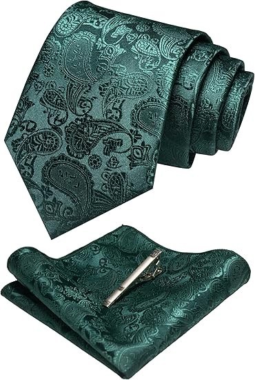 Mens Paisley Necktie with Pocket Square Set #2-174-Emerald Green