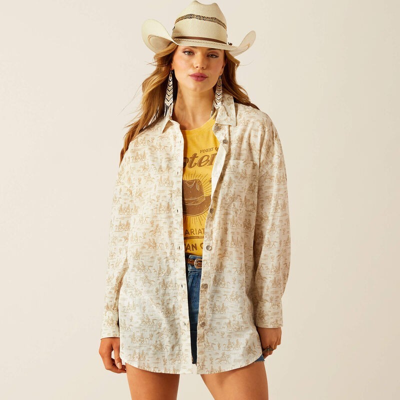 Ariat Horse Print Shirt Womens Small Western Linen Blend Button Up Layering NWT