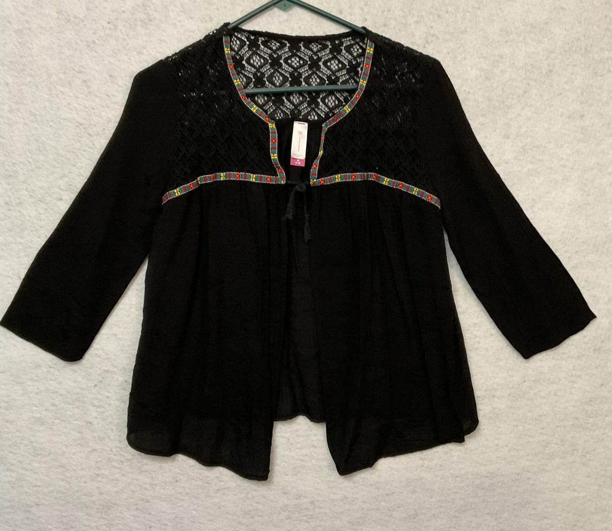 No Boundaries Blouse Juniors M 7-9 Black Lace Yoke Embroidered Tunic Top Boho