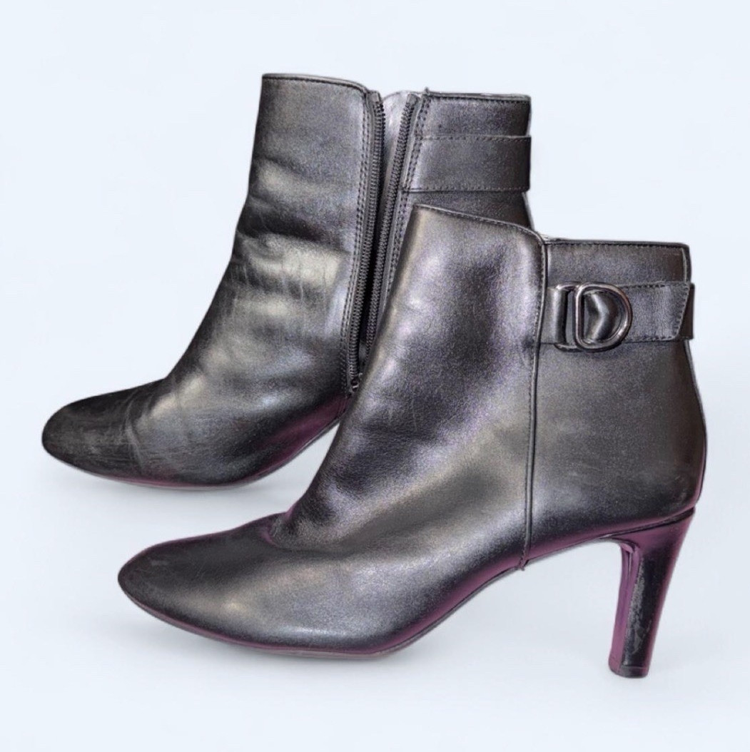 Women’s Black Faux Leather Ankle Bootie Pointed Toe Stiletto Zip Buckle 8.5
