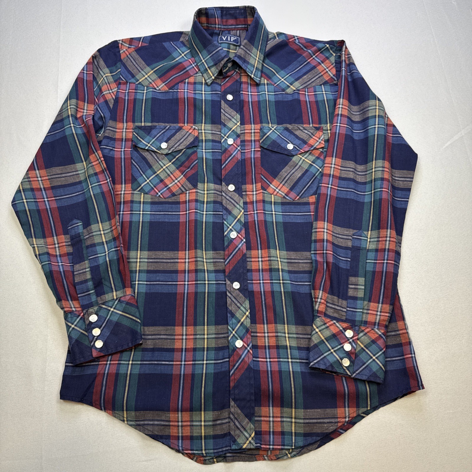 Vintage VIP Western Snap Shirt Mens S 90s Plaid Check Pearl Cowboy Ranch #0210