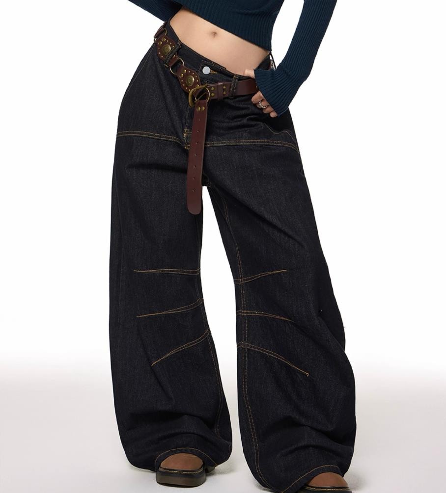 Men’s Black Denim Cotton Jeans Straight Wide Punk Hip Hop Trousers Pants Casual