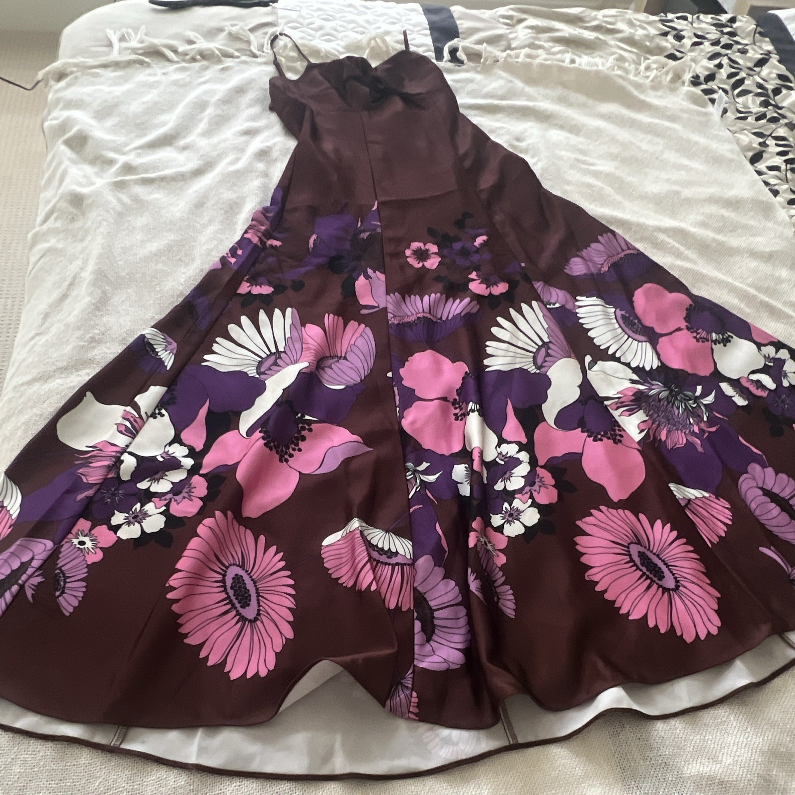 Express Women’s Brown Purple Pink Floral Fit & Flare Long Dress Bow S