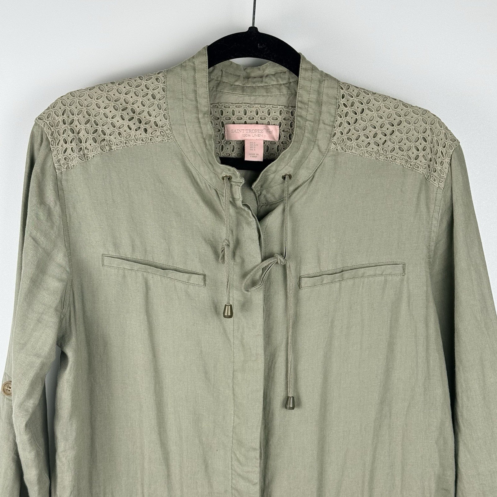 Saint Tropez West 100% Linen Jacket S Green Military Utility Safari Travel Beach