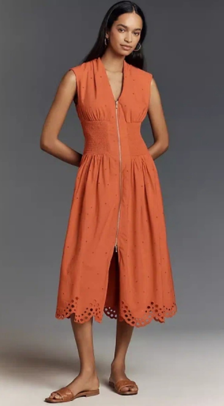 Anthropologie Tommie Cap-Sleeve Front-Zip Shirt Dress Eyelet Vivid Coral XL NWT
