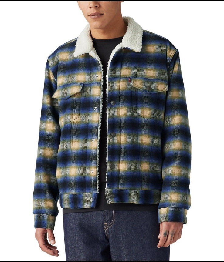 Levi’s Men’s Sherpa Trucker Jacket Blue/beige Plaid 5 Pocket Sz M,L,XL