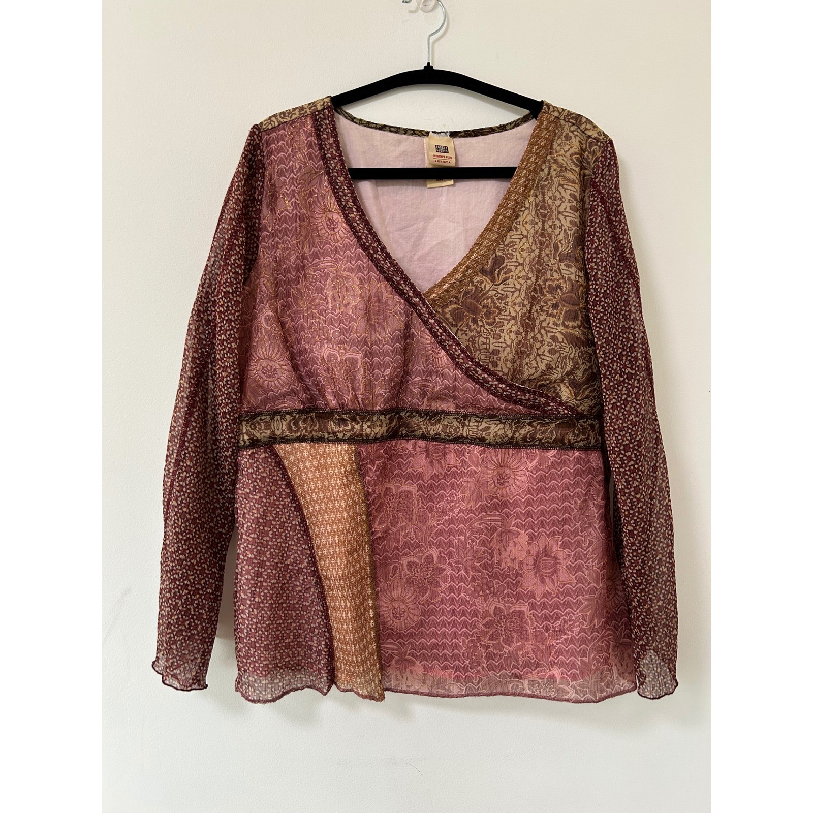 Faded Glory Patchwork Mesh Top Women 16W Burgundy Pink Boho Long Sleeve V-Neck