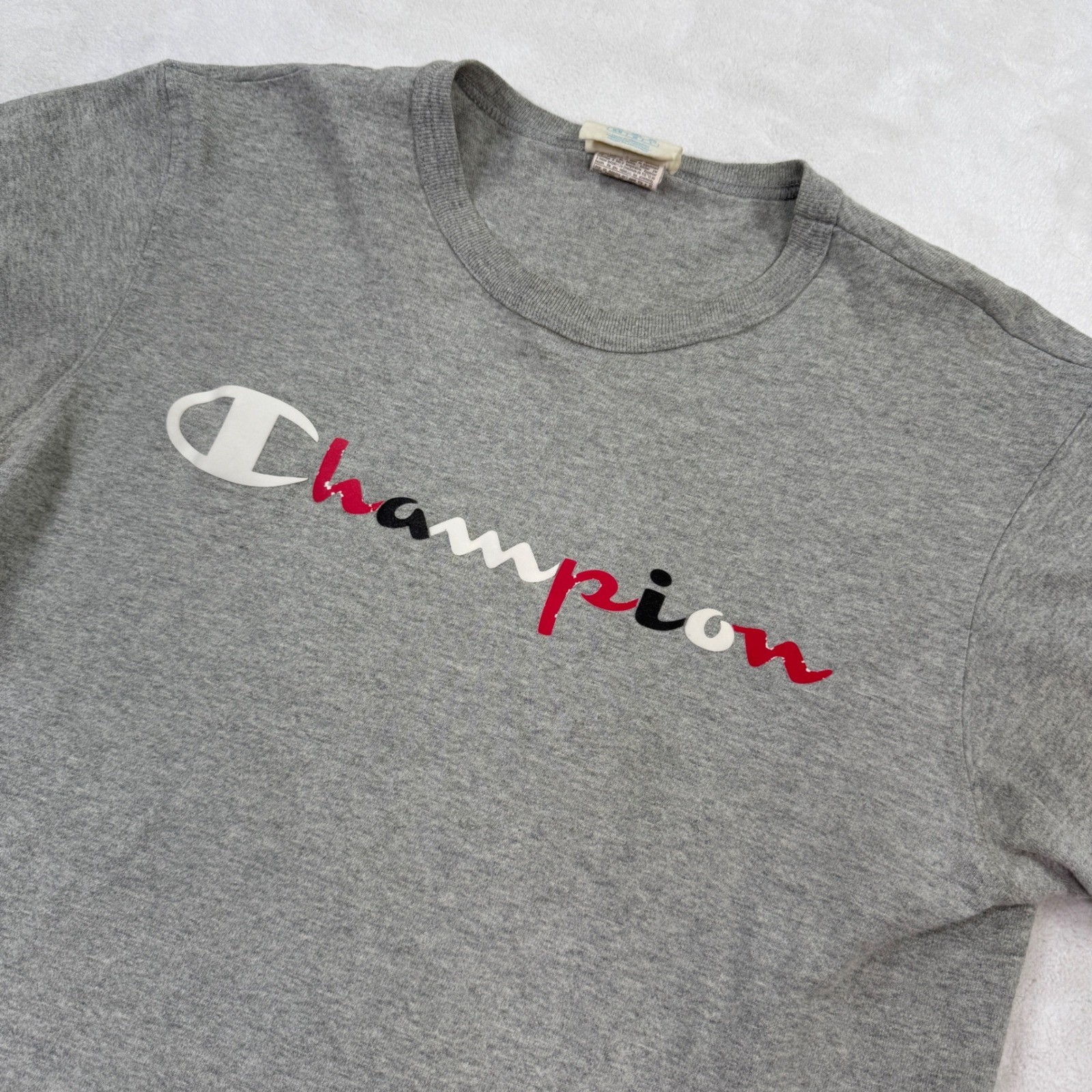 Champion Mens Script Logo T-Shirt Gray Short Sleeve Crew Neck GT19 Medium