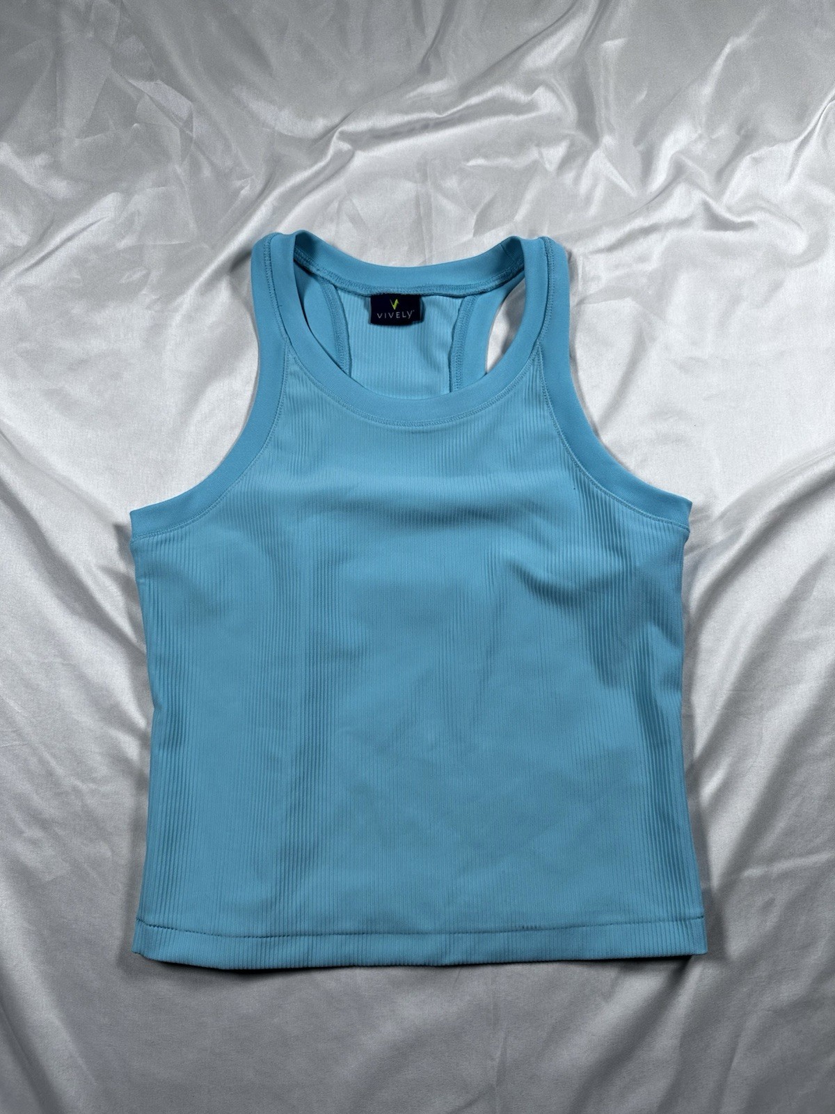 Vively Women’s Blue Ribbed Racerback Tank Scoop Neck Stretch Size M
