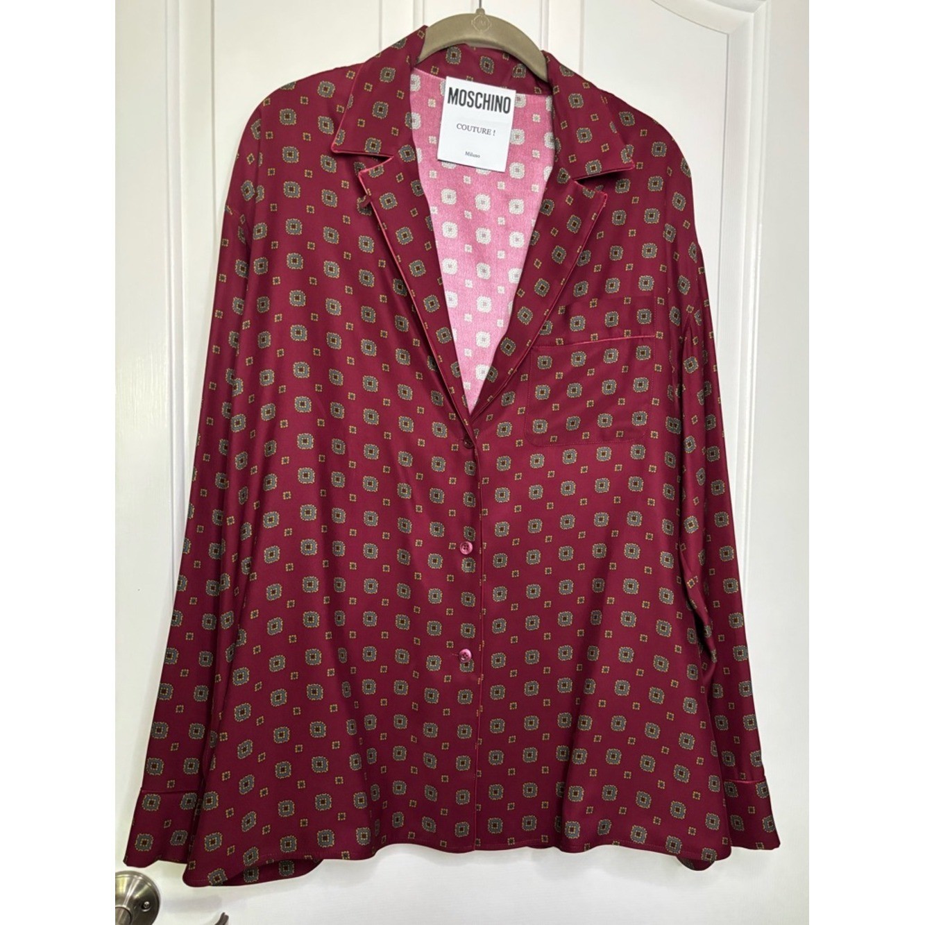 NWT Moschino Couture! Burgundy Women’s Tie Print Button-Up Oversized Blouse S 10