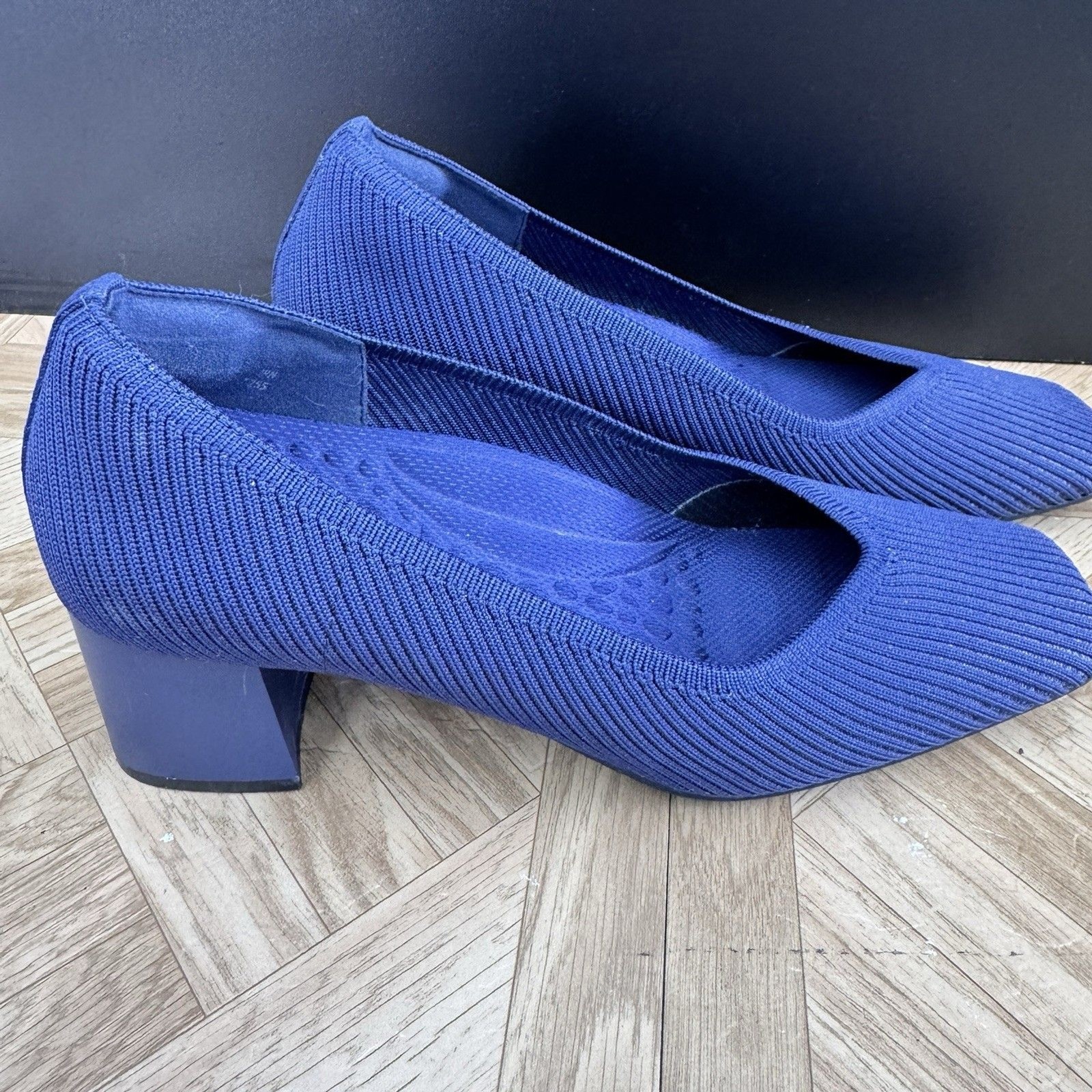 BURUDANI Low Chunky Block Heel Square Toe Knit Blue Pump Shoes Sz 8.5