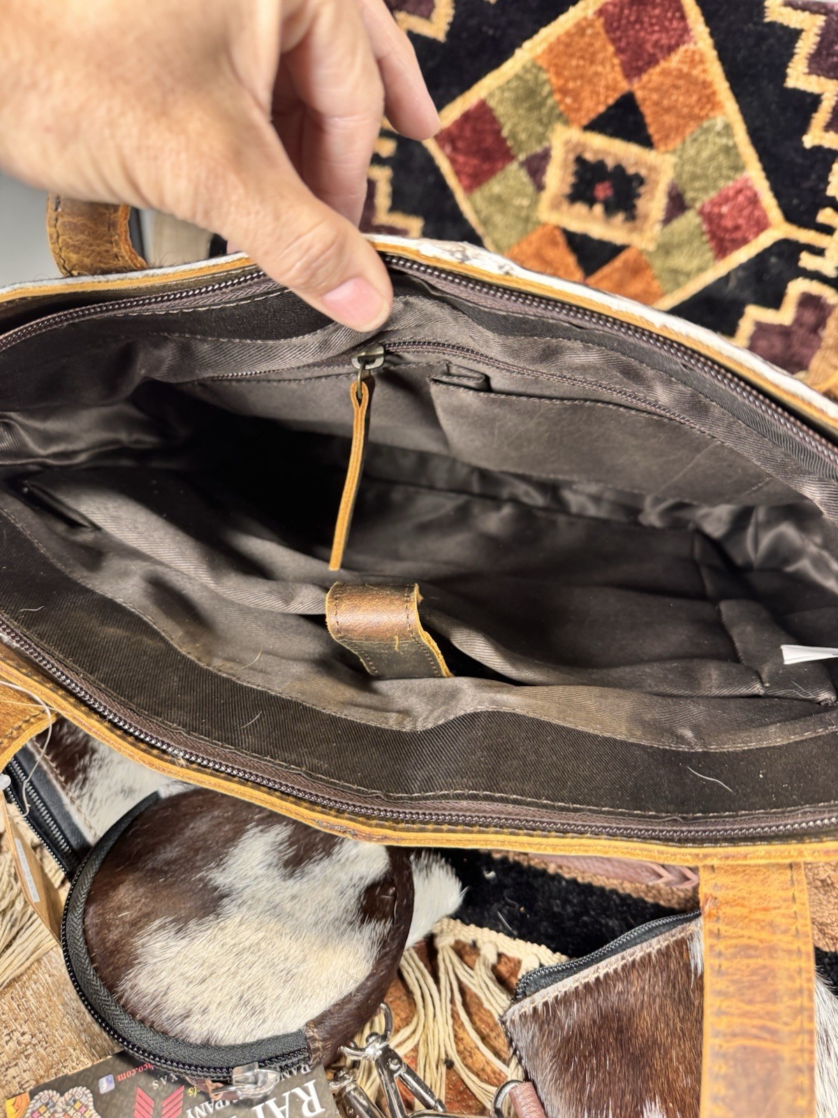 Rafter T Ranch pouches & Western Brown/White Cowhide Zip Laptop Tote