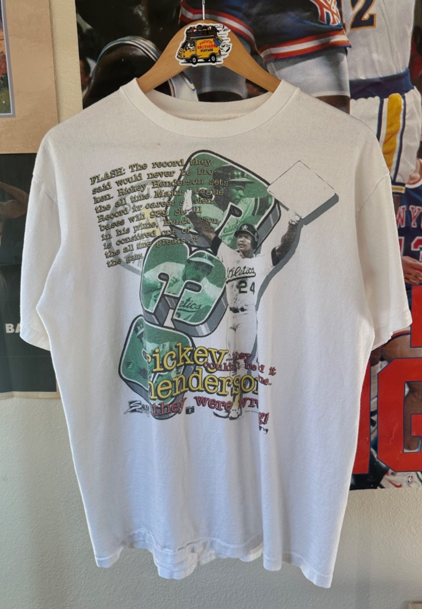 Vintage Rickey Henderson Oakland A’s T-Shirt Large Made in USA Salem Tag 1990