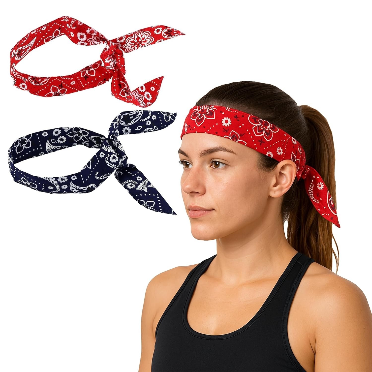 4-Pack Cooling Gel Bandana Head Band, 38-Inch, Red Blue Paisley, Cotton