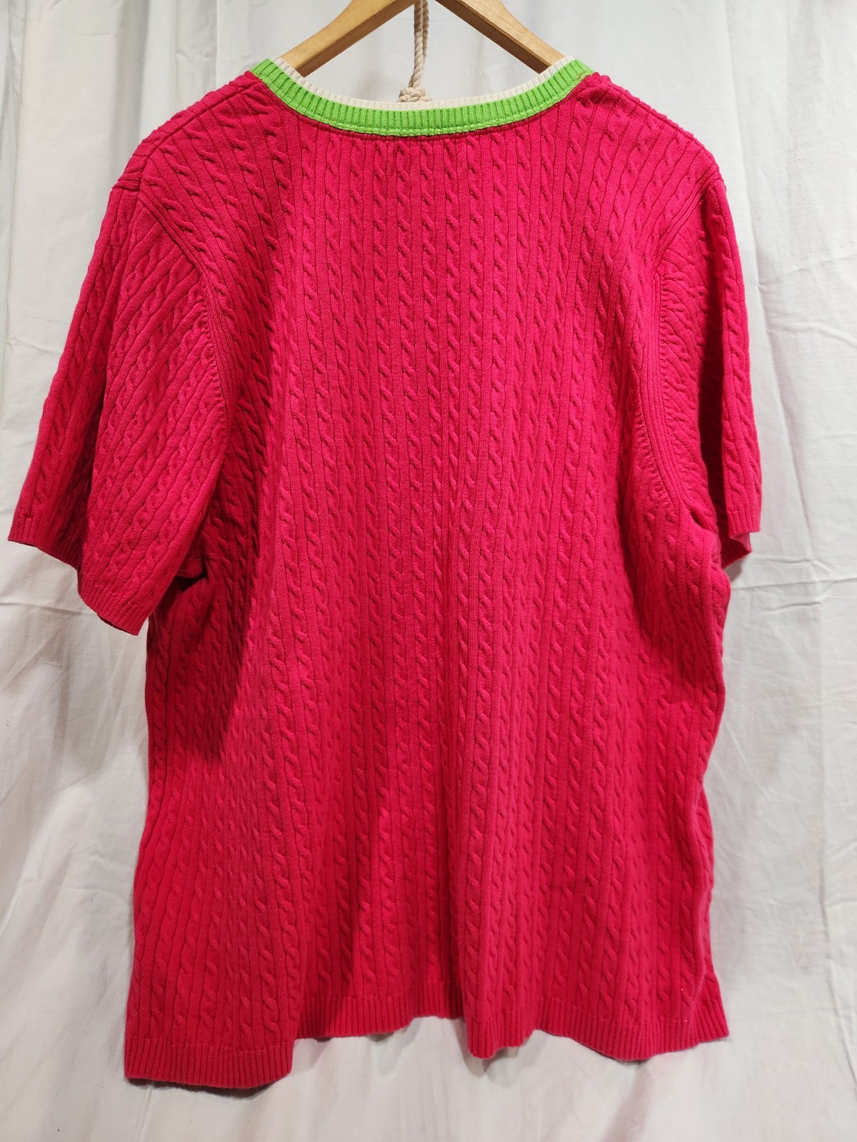 Tommy Hilfiger Women 3X S-Sleeve cable-knit sweater Fuchsia Pink V-Neck Logo