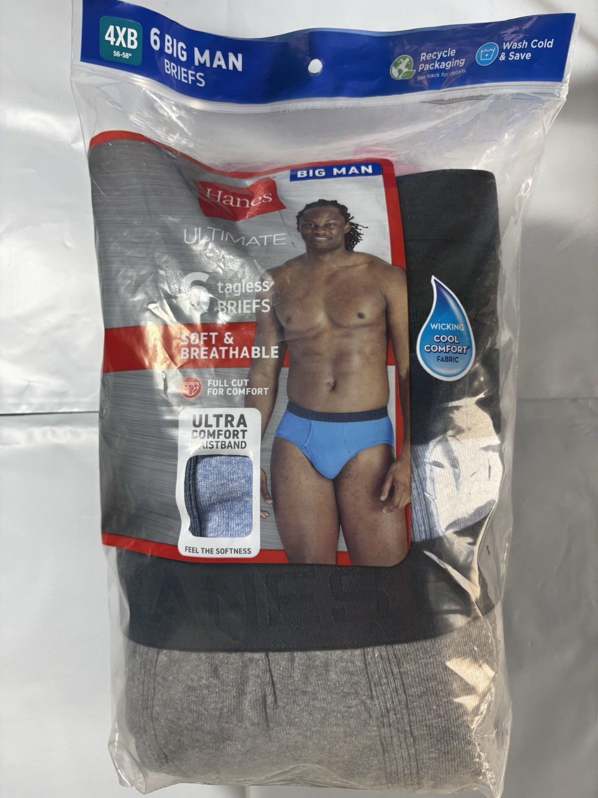 Hanes Briefs Men 4XB Multi Ultimate Big Man Tagless 6-Pack 7839B6 56-58” NEW
