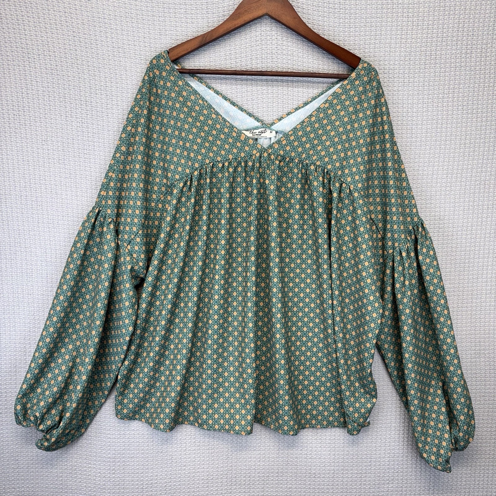 Three Bird Nest Women’s Kendrix Top Blouse Green Yellow Geometric Flowy Boho XL