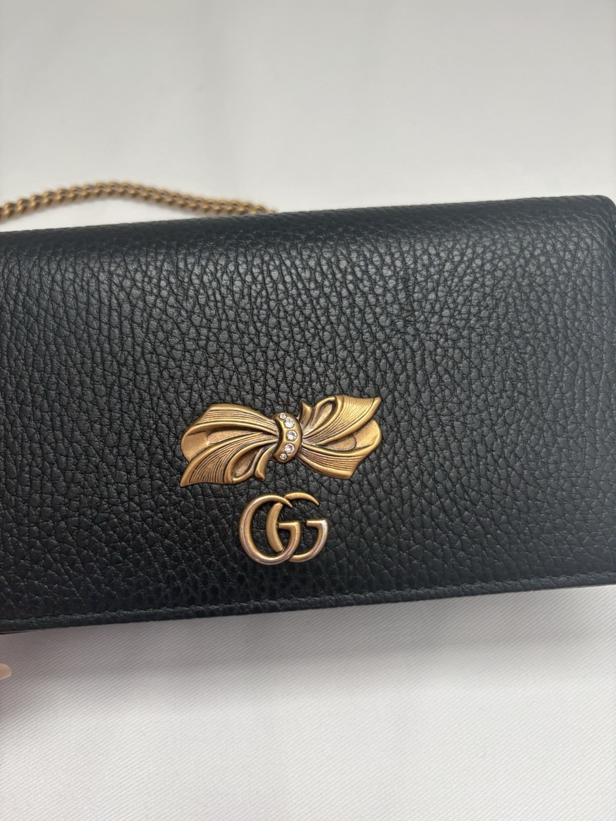 Gucci Marmont Bow Black Leather Clutch Wallet On Chain Gold GG Crossbody Bag