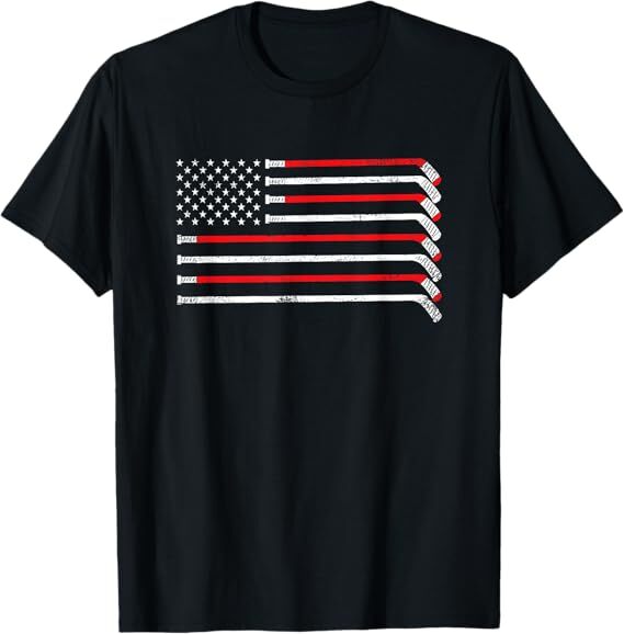 Hockey Stick USA Flag Faded Hockey Player T-Shirt